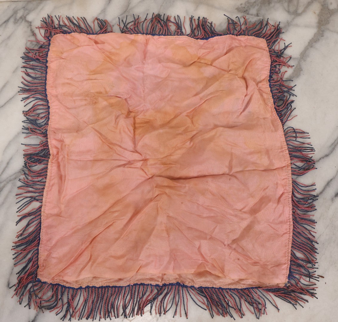 Lot 100 - Vintage World War 2 Era U.S. Navy “Mother And Dad” Silk Pillowcase With Printed Naval Illustrations And Pink-Blue Fringe