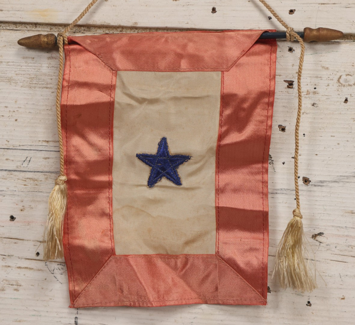 Lot 101 - Antique Sewn Silk Military Service Banner With Pink Panels, White Center, And Embroidered Blue Star