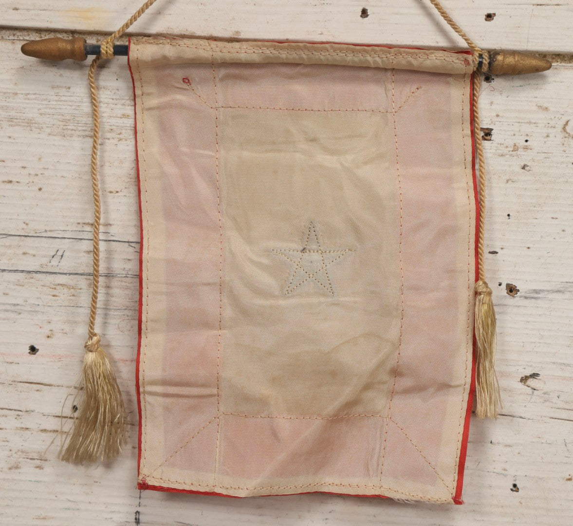 Lot 101 - Antique Sewn Silk Military Service Banner With Pink Panels, White Center, And Embroidered Blue Star