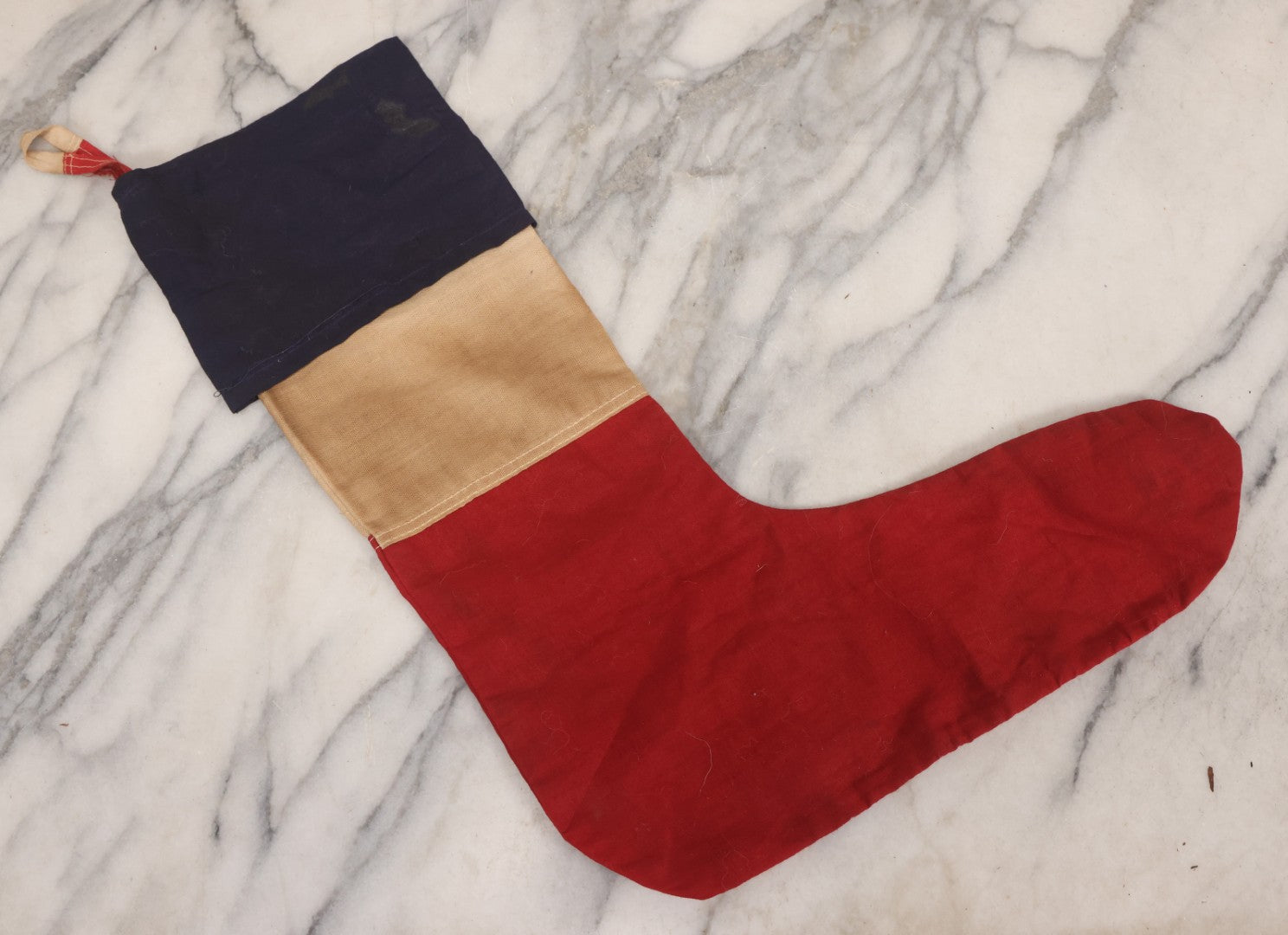 Lot 102 - Antique Handmade Sewn Patriotic Christmas Stocking With Blue Cuff, White Midsection, And Red Foot