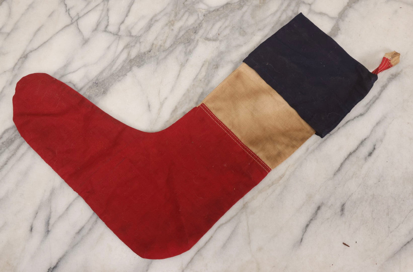 Lot 102 - Antique Handmade Sewn Patriotic Christmas Stocking With Blue Cuff, White Midsection, And Red Foot