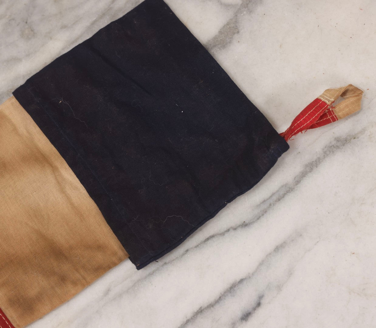 Lot 102 - Antique Handmade Sewn Patriotic Christmas Stocking With Blue Cuff, White Midsection, And Red Foot