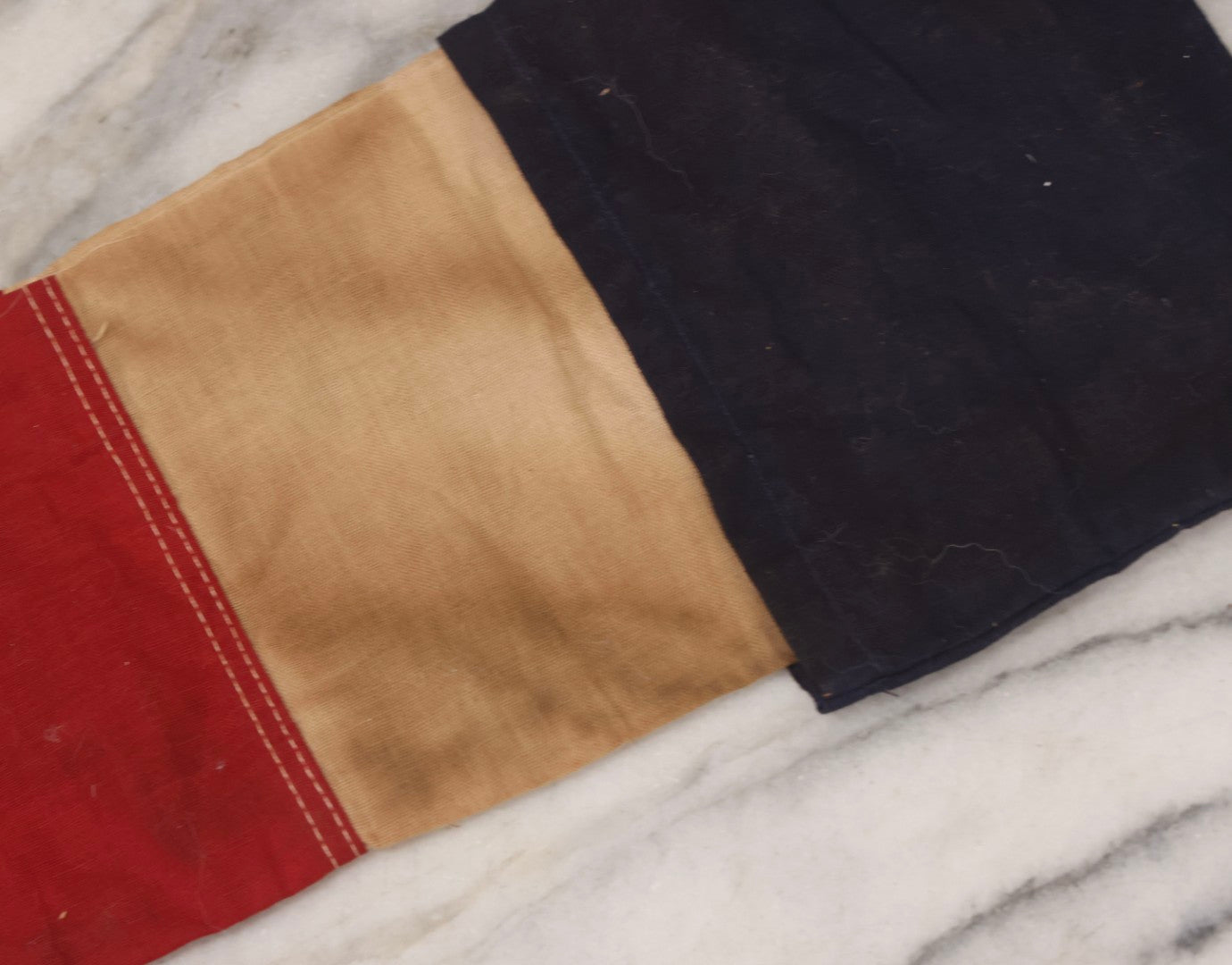 Lot 102 - Antique Handmade Sewn Patriotic Christmas Stocking With Blue Cuff, White Midsection, And Red Foot