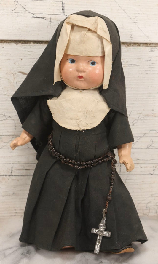 Lot 103 - Vintage Composition Nun Doll With Black And White Vestments And Crucifix, Missing One Shoe, 10-3/4" H