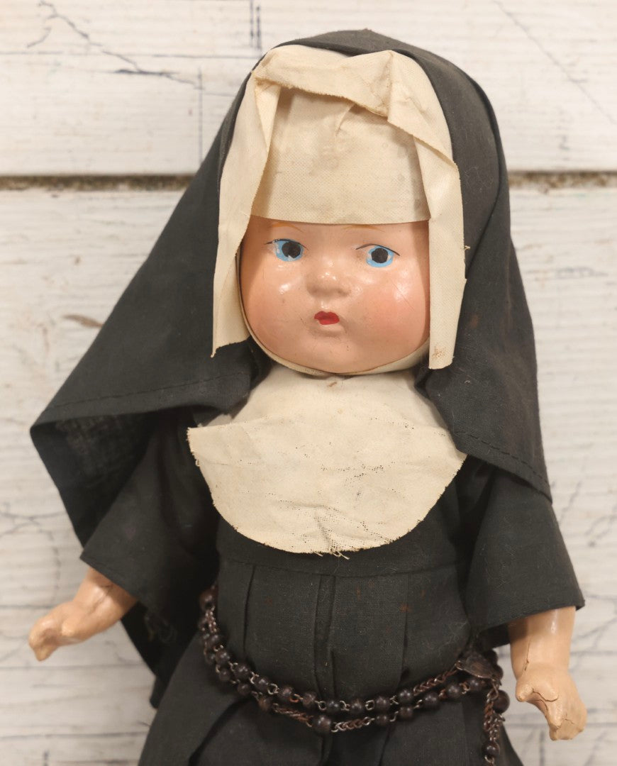 Lot 103 - Vintage Composition Nun Doll With Black And White Vestments And Crucifix, Missing One Shoe, 10-3/4" H
