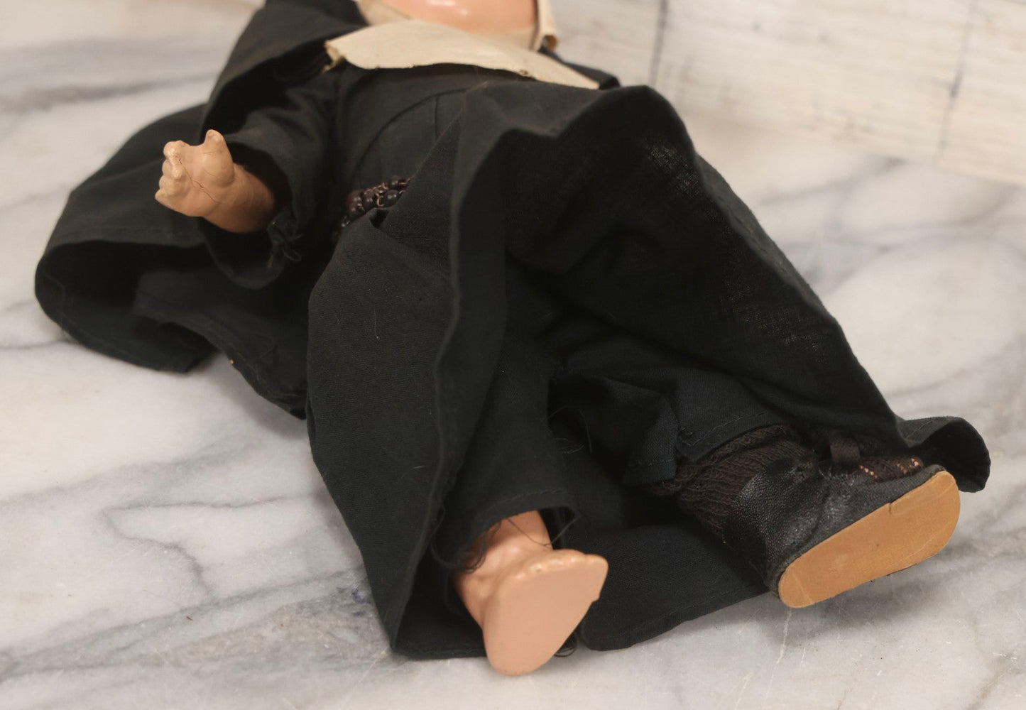 Lot 103 - Vintage Composition Nun Doll With Black And White Vestments And Crucifix, Missing One Shoe, 10-3/4" H