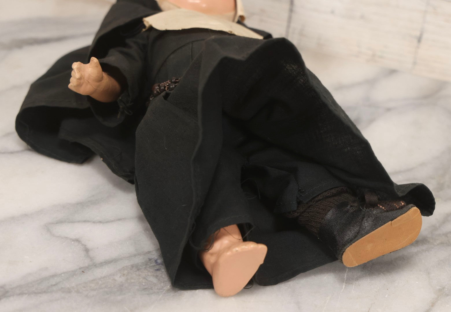 Lot 103 - Vintage Composition Nun Doll With Black And White Vestments And Crucifix, Missing One Shoe, 10-3/4" H