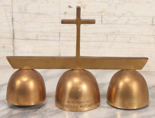 Lot 104 - Vintage Brass Triple Church Bell With Cross Handle, Engraved “In Memory Of Robert McCarthy," 8" L
