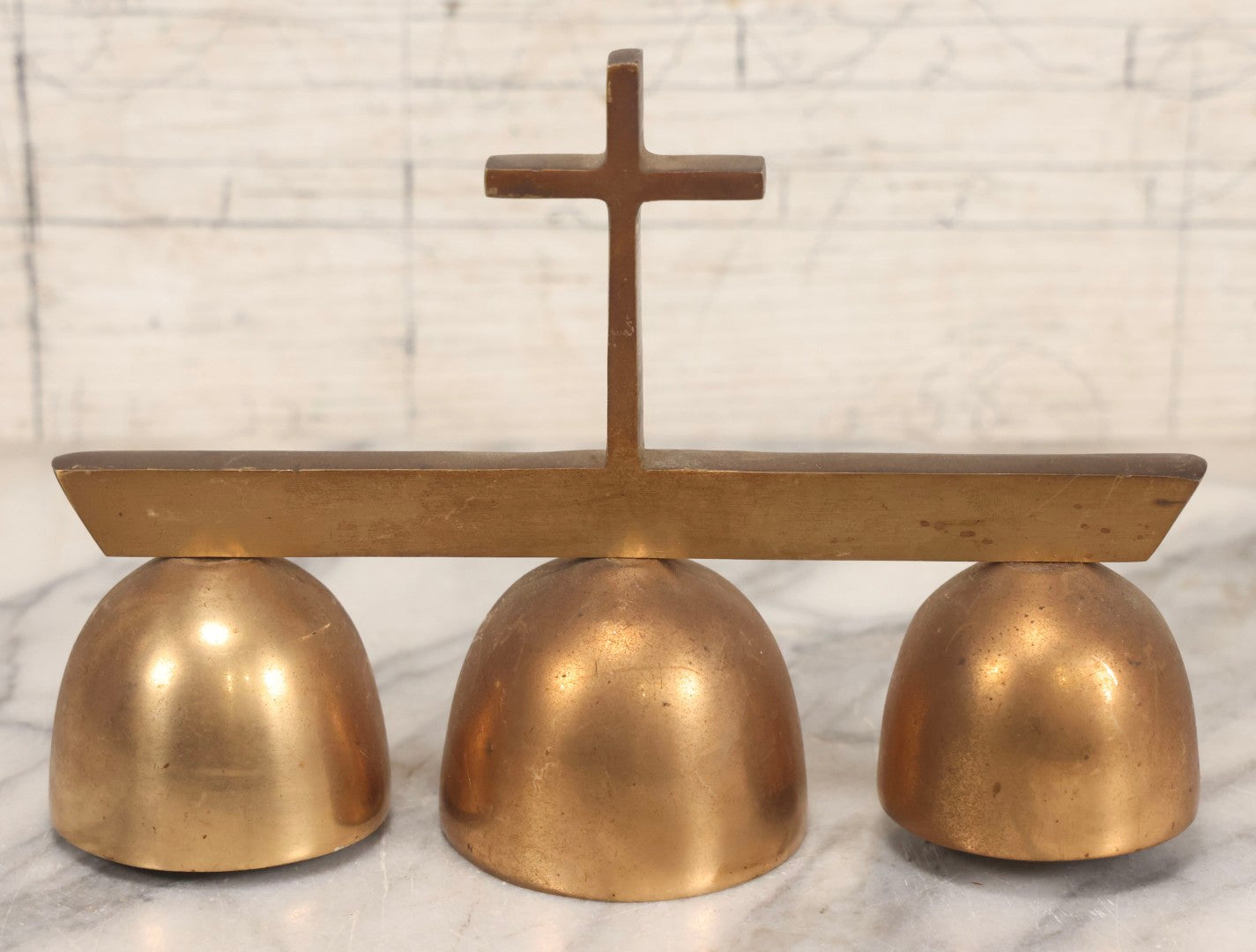 Lot 104 - Vintage Brass Triple Church Bell With Cross Handle, Engraved “In Memory Of Robert McCarthy," 8" L