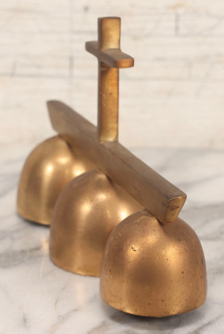 Lot 104 - Vintage Brass Triple Church Bell With Cross Handle, Engraved “In Memory Of Robert McCarthy," 8" L