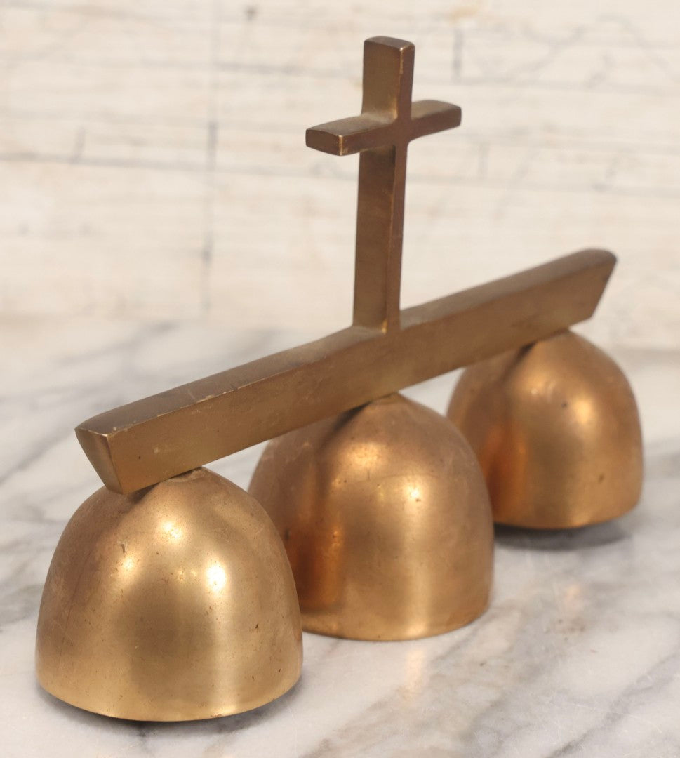 Lot 104 - Vintage Brass Triple Church Bell With Cross Handle, Engraved “In Memory Of Robert McCarthy," 8" L