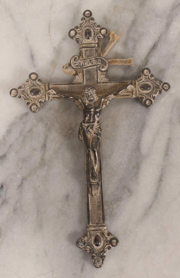 Lot 105 - Vintage Ornate Cast White Metal Crucifix With Applied White Patina And Loop Hanger, Made In U.S.A.., 5" x 7-3/4"
