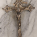 Lot 105 - Vintage Ornate Cast White Metal Crucifix With Applied White Patina And Loop Hanger, Made In U.S.A.., 5" x 7-3/4"