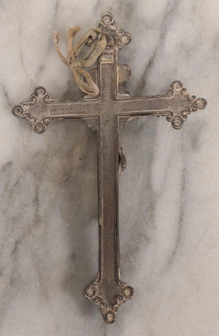 Lot 105 - Vintage Ornate Cast White Metal Crucifix With Applied White Patina And Loop Hanger, Made In U.S.A.., 5" x 7-3/4"