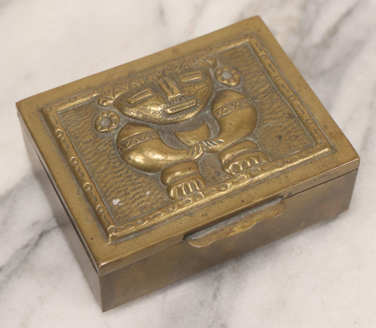Lot 107 - Vintage Pre-Columbian Style Replica Brass Box With Chibcha Motif, Fish Hallmark, And Soft Wood Interior