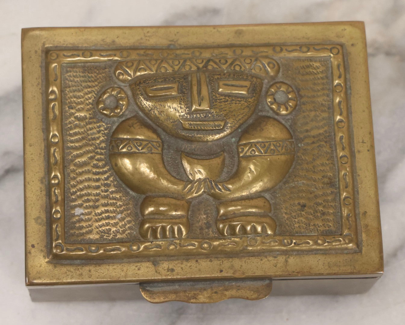 Lot 107 - Vintage Pre-Columbian Style Replica Brass Box With Chibcha Motif, Fish Hallmark, And Soft Wood Interior
