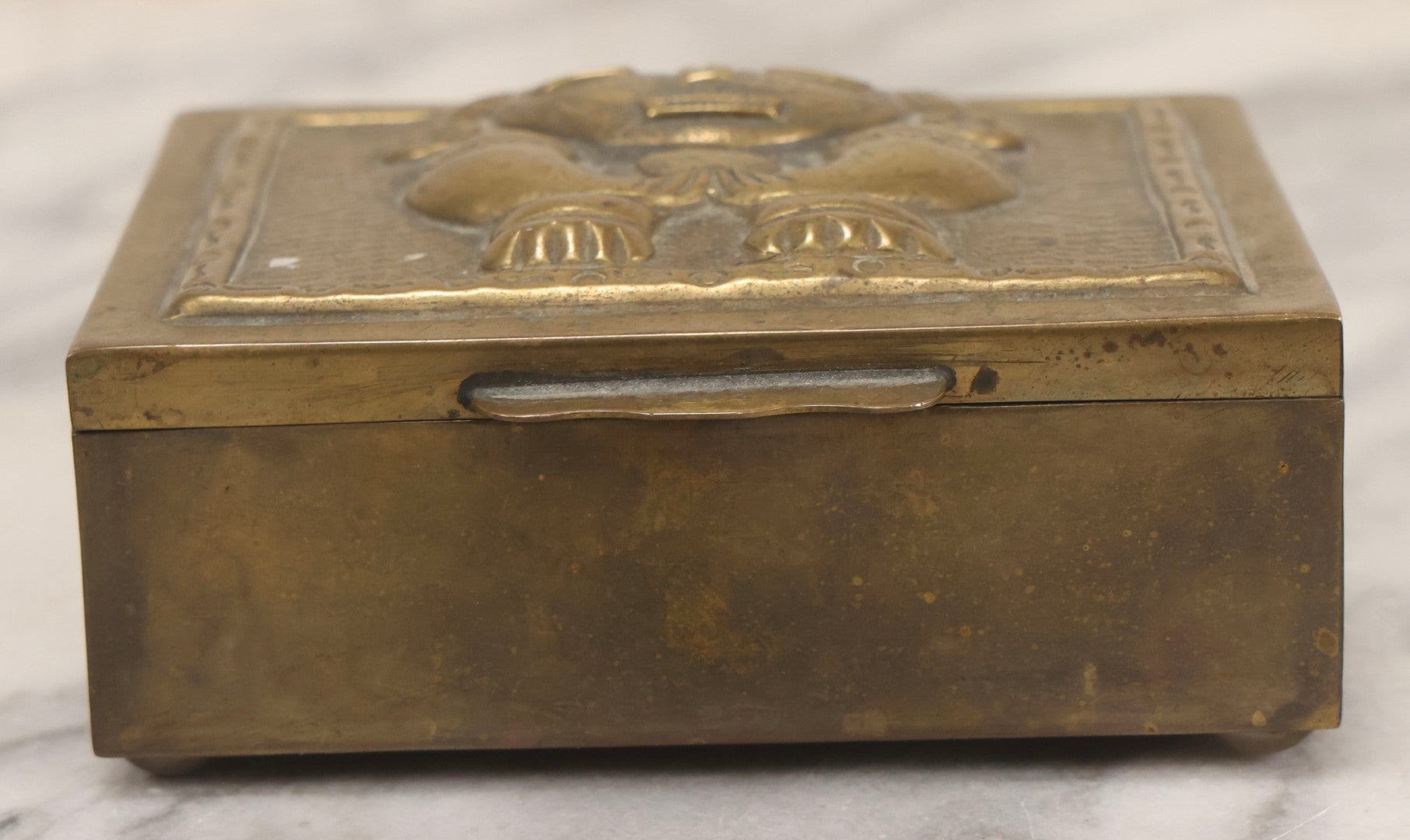 Lot 107 - Vintage Pre-Columbian Style Replica Brass Box With Chibcha Motif, Fish Hallmark, And Soft Wood Interior