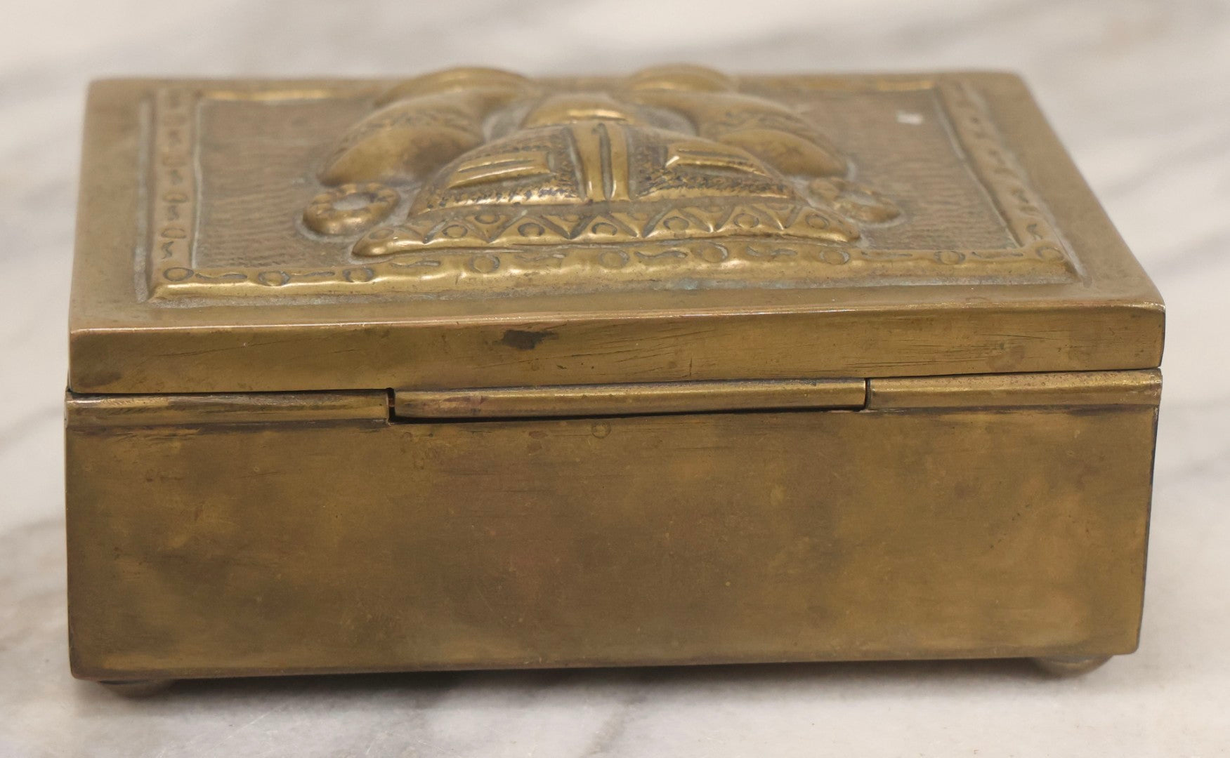 Lot 107 - Vintage Pre-Columbian Style Replica Brass Box With Chibcha Motif, Fish Hallmark, And Soft Wood Interior