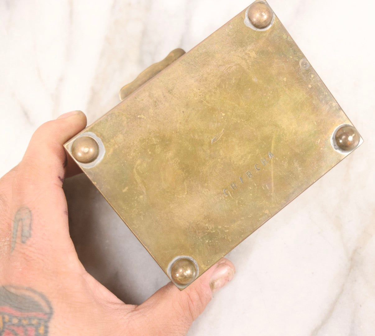 Lot 107 - Vintage Pre-Columbian Style Replica Brass Box With Chibcha Motif, Fish Hallmark, And Soft Wood Interior