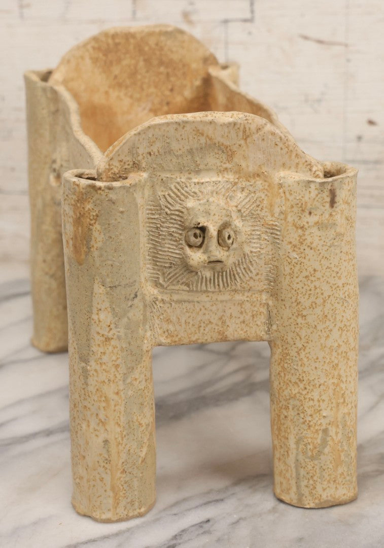 Lot 108 - Vintage Pre-Columbian Style Replica Hand Built Four-Legged Pottery Planter With Appliqué Face Masks, 11-3/4" L