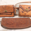 Lot 111 - Grouping Of Three Vintage Tooled Leather Purses With Handtooled Western-Style Designs, Leather Stitching