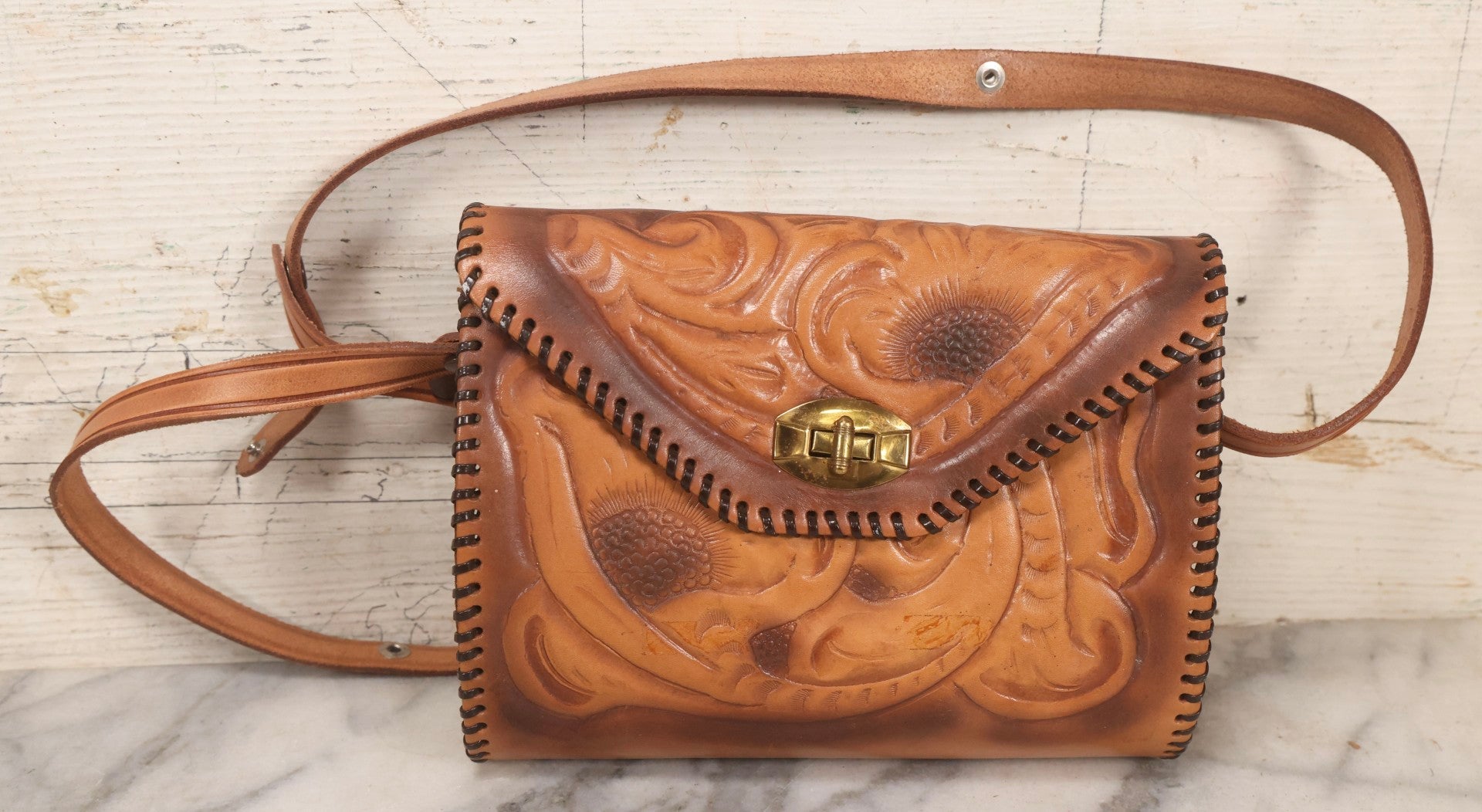 Lot 111 - Grouping Of Three Vintage Tooled Leather Purses With Handtooled Western-Style Designs, Leather Stitching