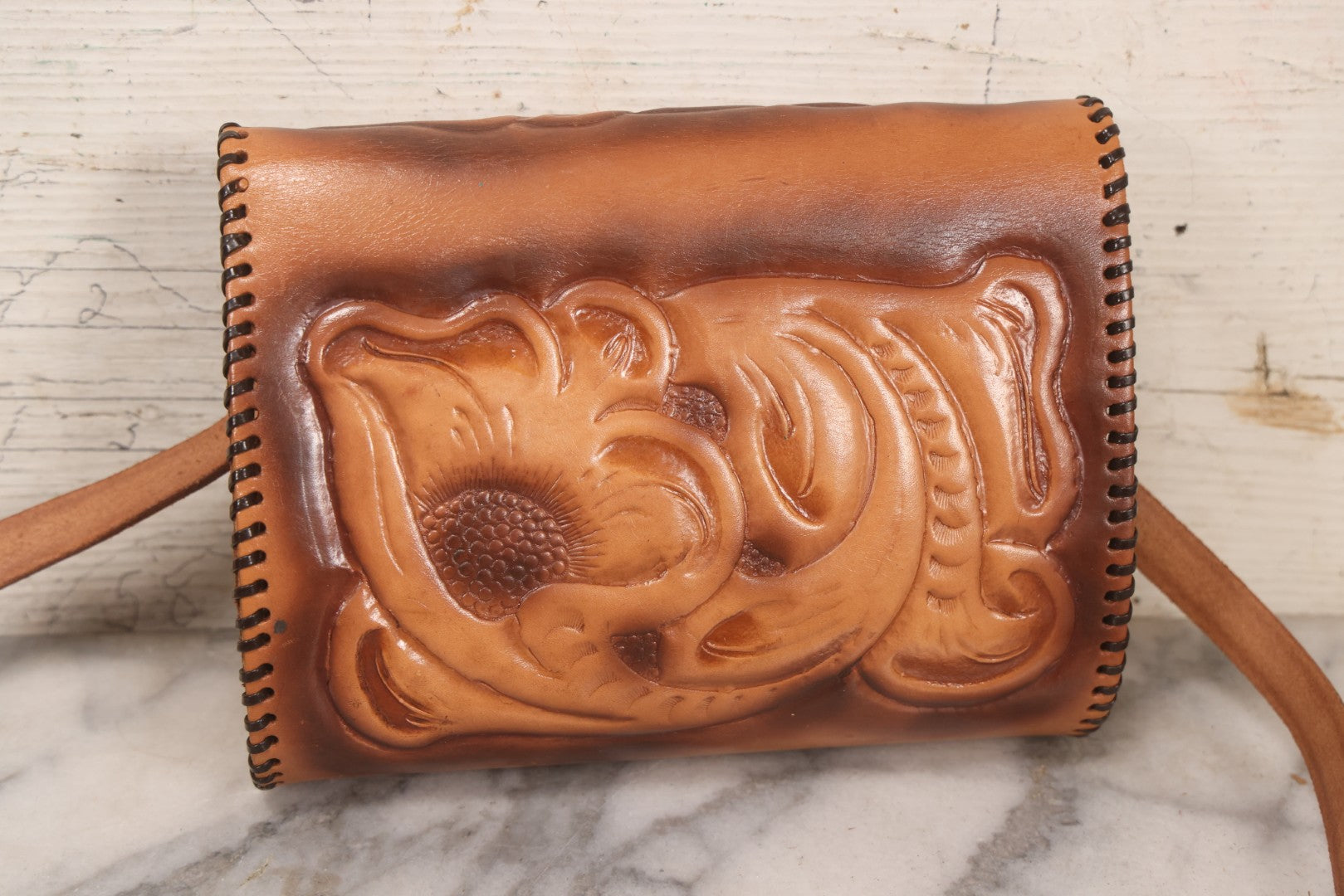 Lot 111 - Grouping Of Three Vintage Tooled Leather Purses With Handtooled Western-Style Designs, Leather Stitching