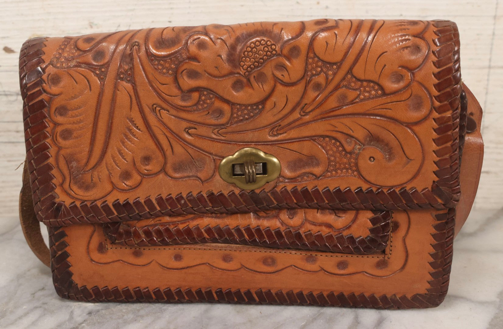 Lot 111 - Grouping Of Three Vintage Tooled Leather Purses With Handtooled Western-Style Designs, Leather Stitching