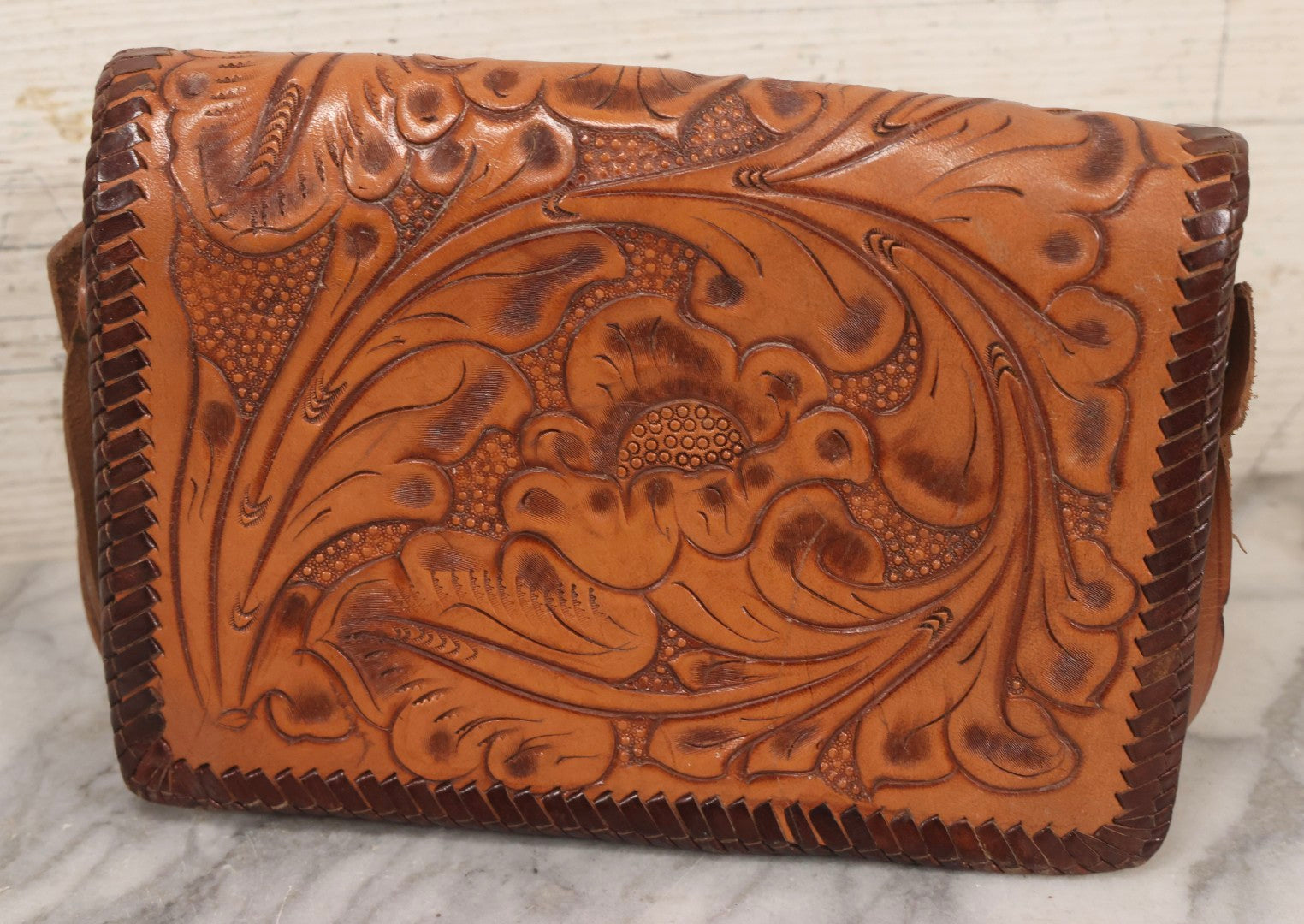 Lot 111 - Grouping Of Three Vintage Tooled Leather Purses With Handtooled Western-Style Designs, Leather Stitching