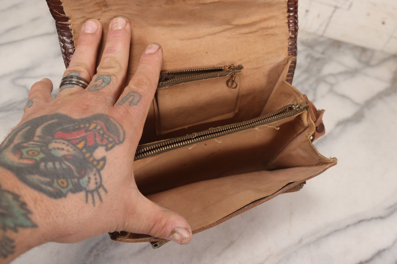 Lot 111 - Grouping Of Three Vintage Tooled Leather Purses With Handtooled Western-Style Designs, Leather Stitching