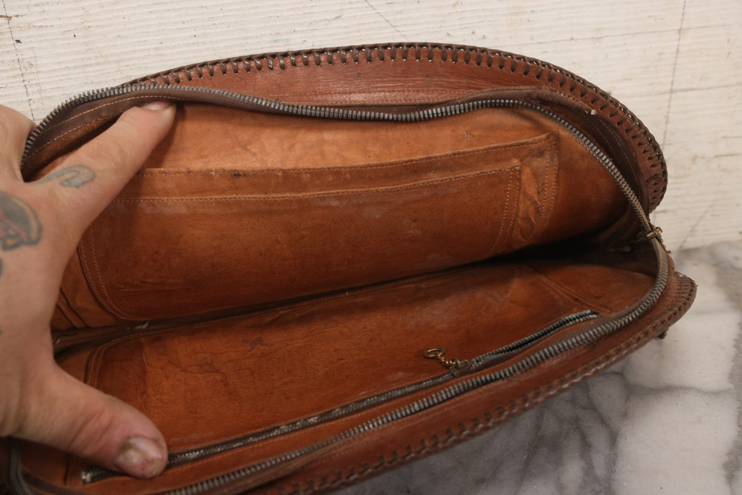 Lot 111 - Grouping Of Three Vintage Tooled Leather Purses With Handtooled Western-Style Designs, Leather Stitching