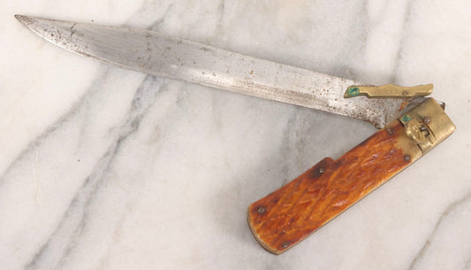 Lot 113 - Vintage Folding Knife With Carved Bone Handle And Brass Hardware