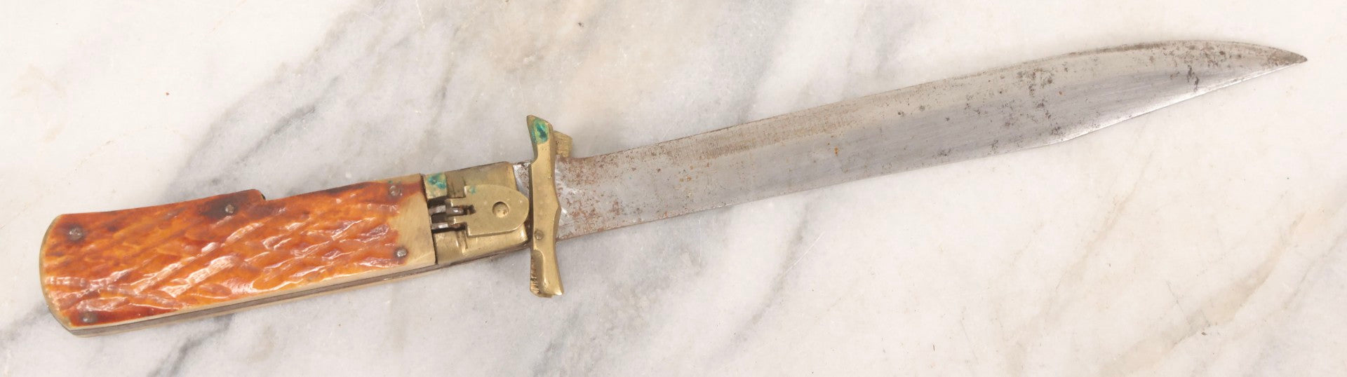 Lot 113 - Vintage Folding Knife With Carved Bone Handle And Brass Hardware