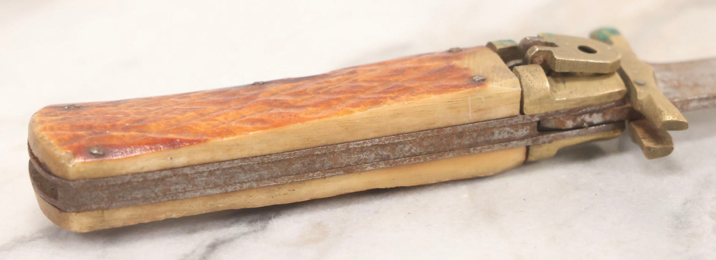 Lot 113 - Vintage Folding Knife With Carved Bone Handle And Brass Hardware