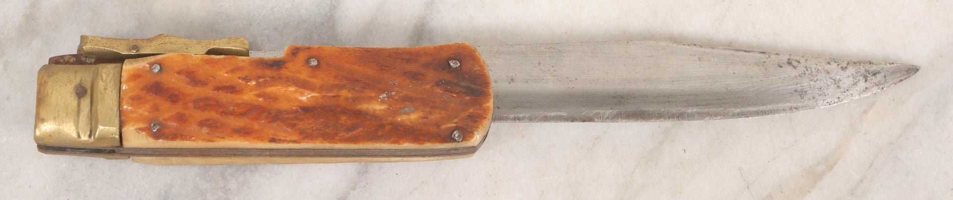 Lot 113 - Vintage Folding Knife With Carved Bone Handle And Brass Hardware