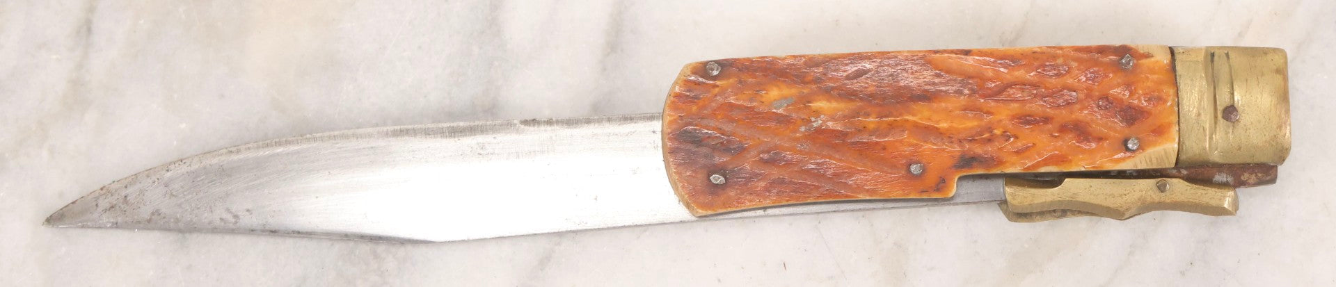 Lot 113 - Vintage Folding Knife With Carved Bone Handle And Brass Hardware