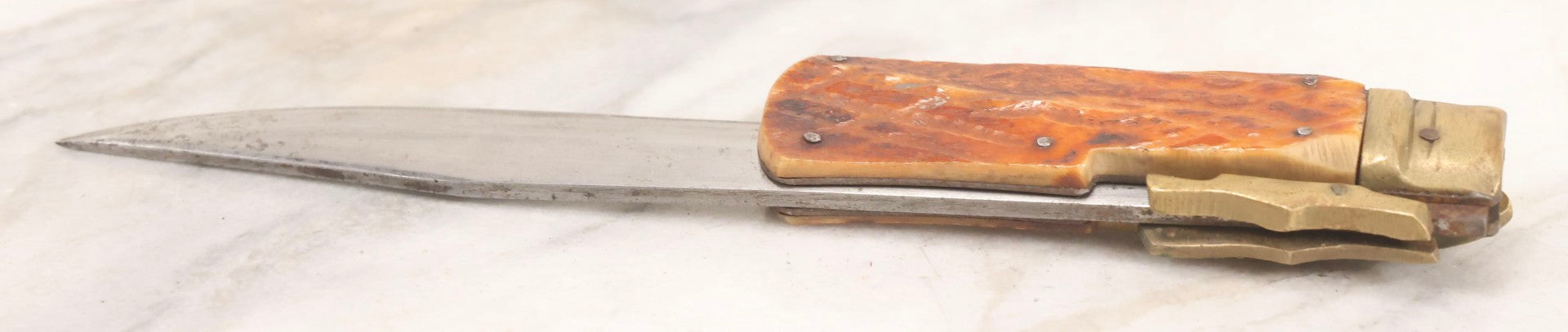 Lot 113 - Vintage Folding Knife With Carved Bone Handle And Brass Hardware