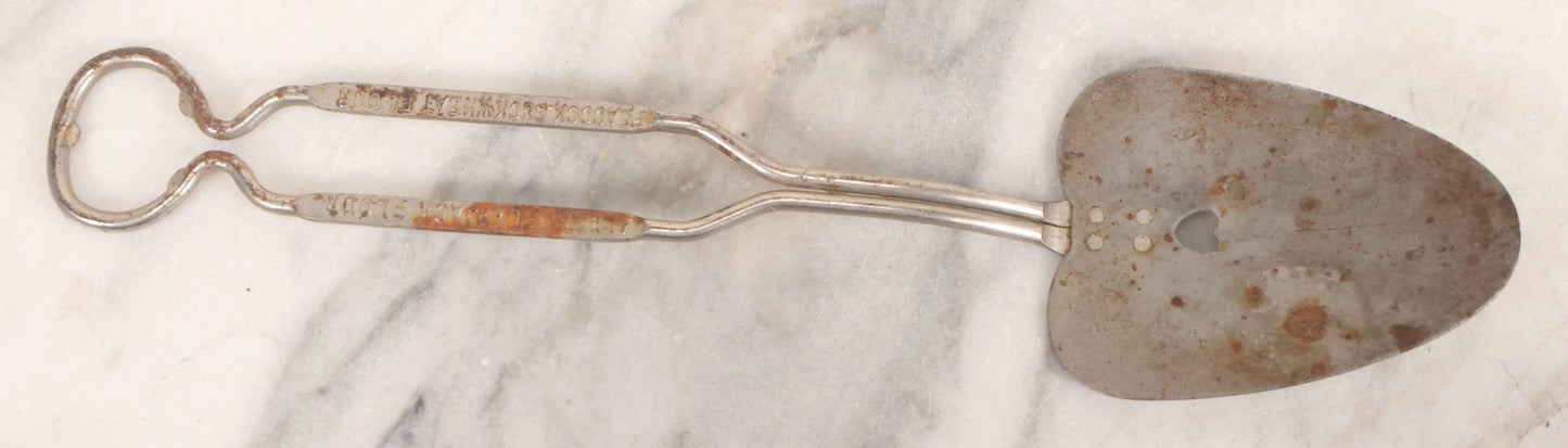 Lot 114 - Vintage Steel Advertising Spatula For Albers Flapjack Flour And Peacock Buckwheat Flour, Patented, With Heart Cutout, 11-1/8" L