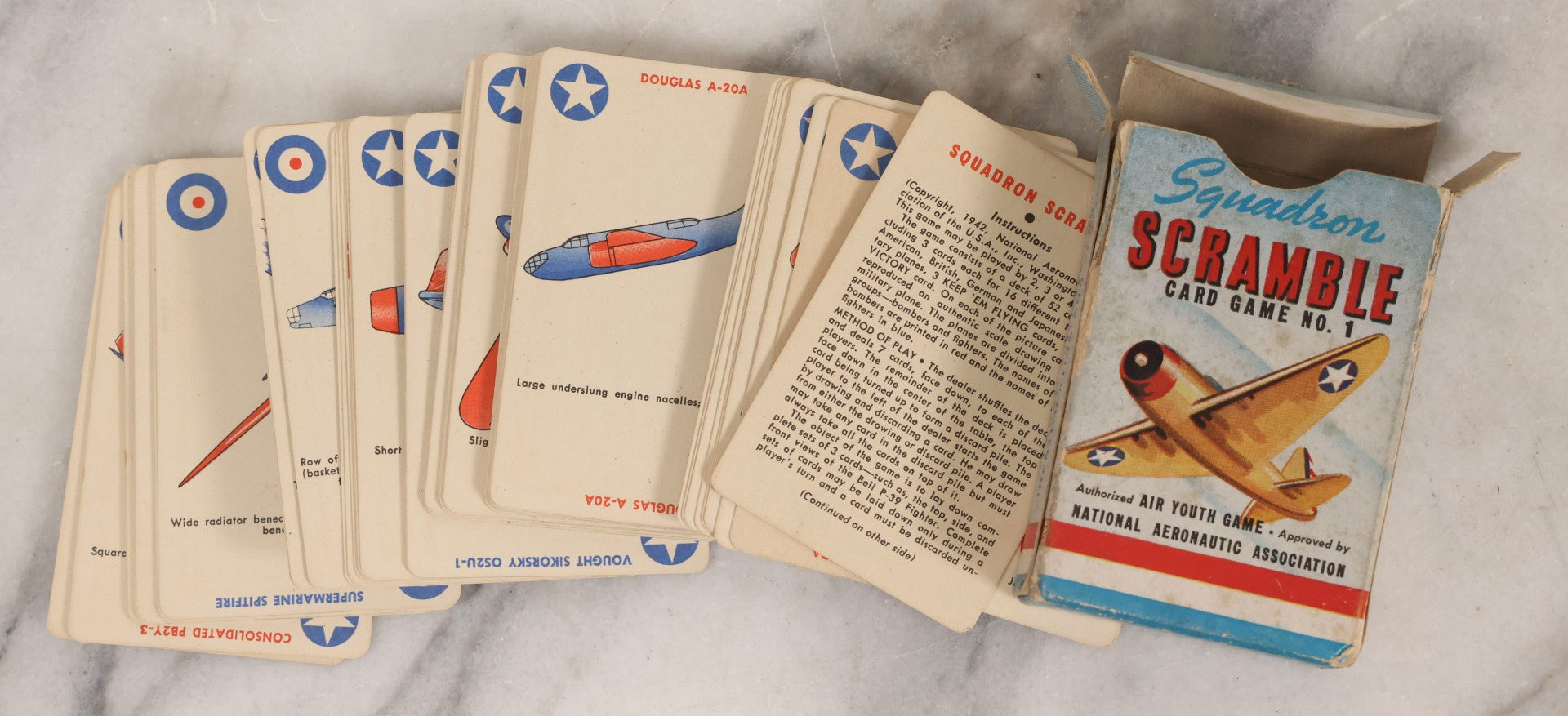 Lot 117 - Vintage "Squadron Scramble" WWII Aviation Card Game, Complete Deck With Instructions, Whitman Publishing Co., Circa 1942