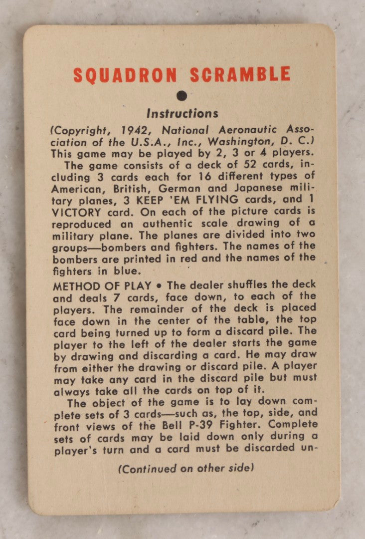 Lot 117 - Vintage "Squadron Scramble" WWII Aviation Card Game, Complete Deck With Instructions, Whitman Publishing Co., Circa 1942