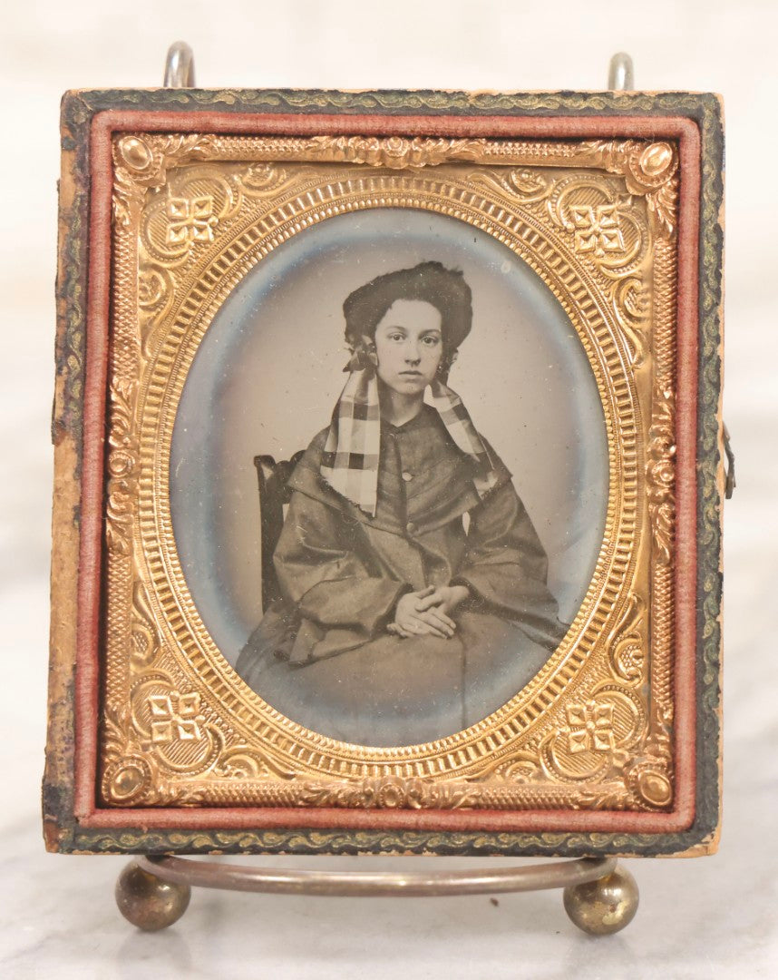Lot 125 - Antique 1/6th Plate Ambrotype Photograph Of Young Woman Wearing Checked Scarf And Cape, In Half Leatherette Union Case