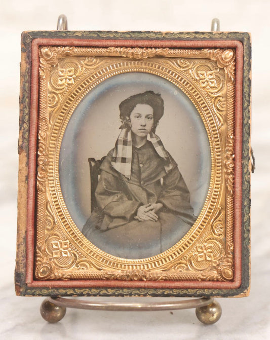 Lot 125 - Antique 1/6th Plate Ambrotype Photograph Of Young Woman Wearing Checked Scarf And Cape, In Half Leatherette Union Case