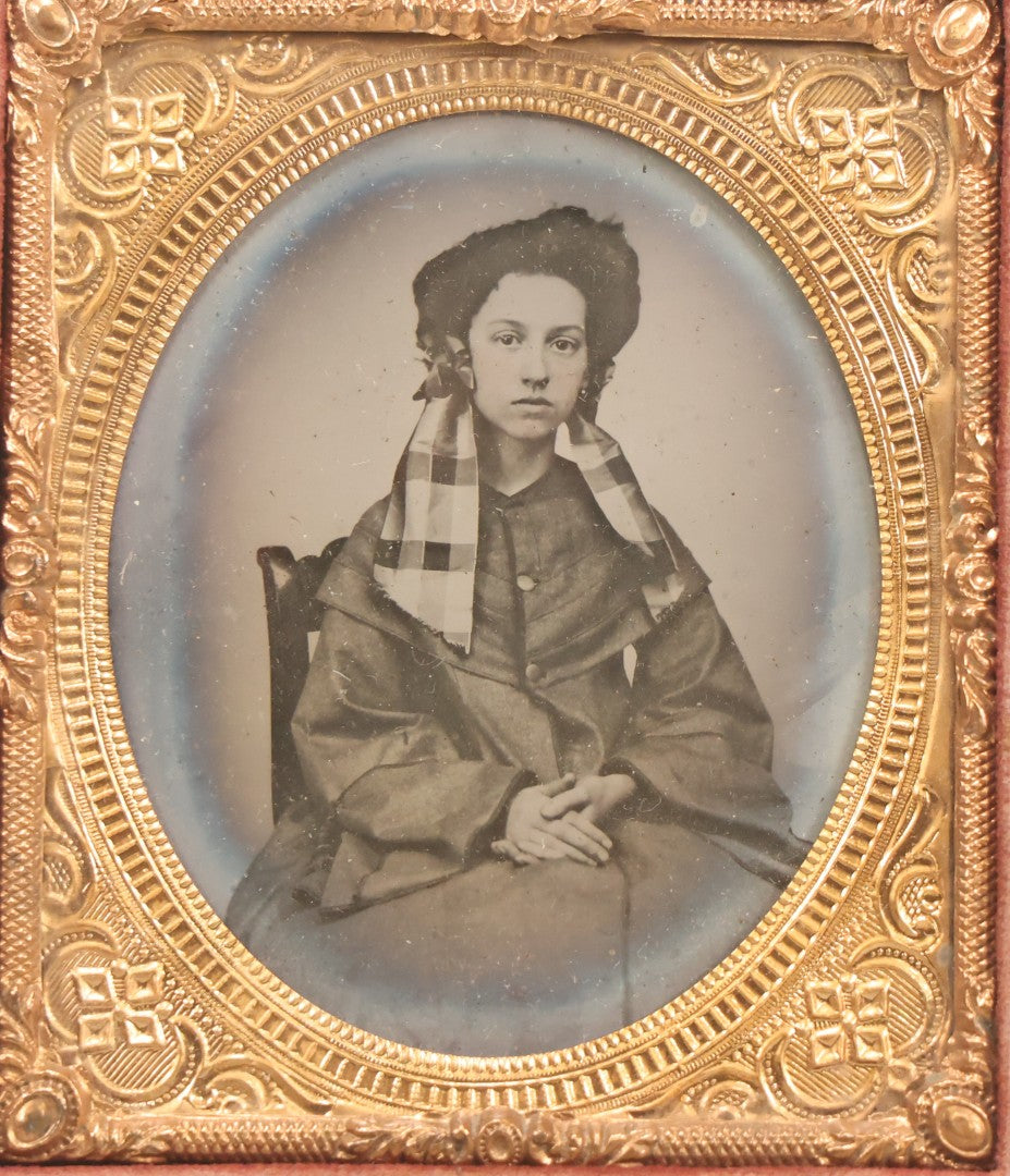 Lot 125 - Antique 1/6th Plate Ambrotype Photograph Of Young Woman Wearing Checked Scarf And Cape, In Half Leatherette Union Case