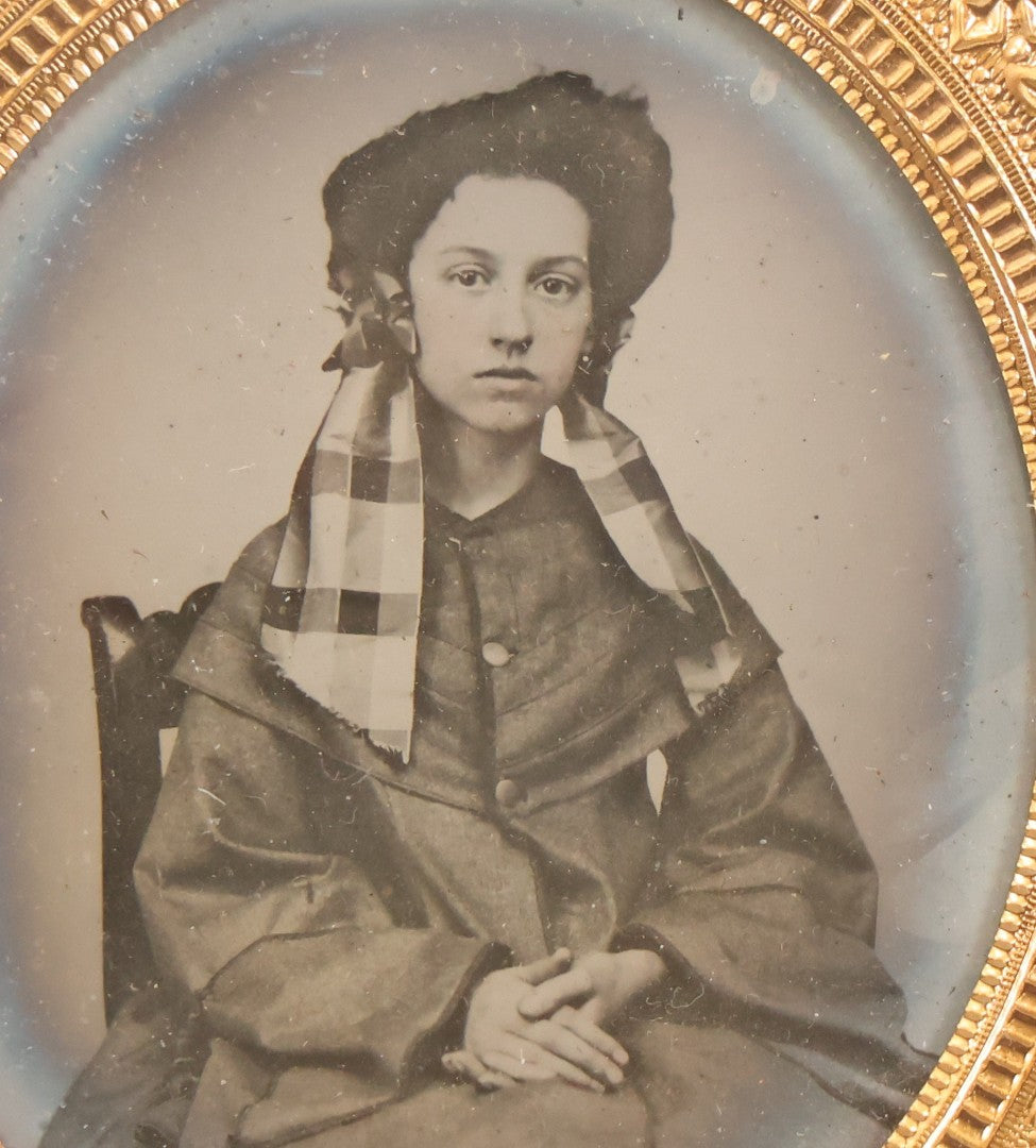 Lot 125 - Antique 1/6th Plate Ambrotype Photograph Of Young Woman Wearing Checked Scarf And Cape, In Half Leatherette Union Case