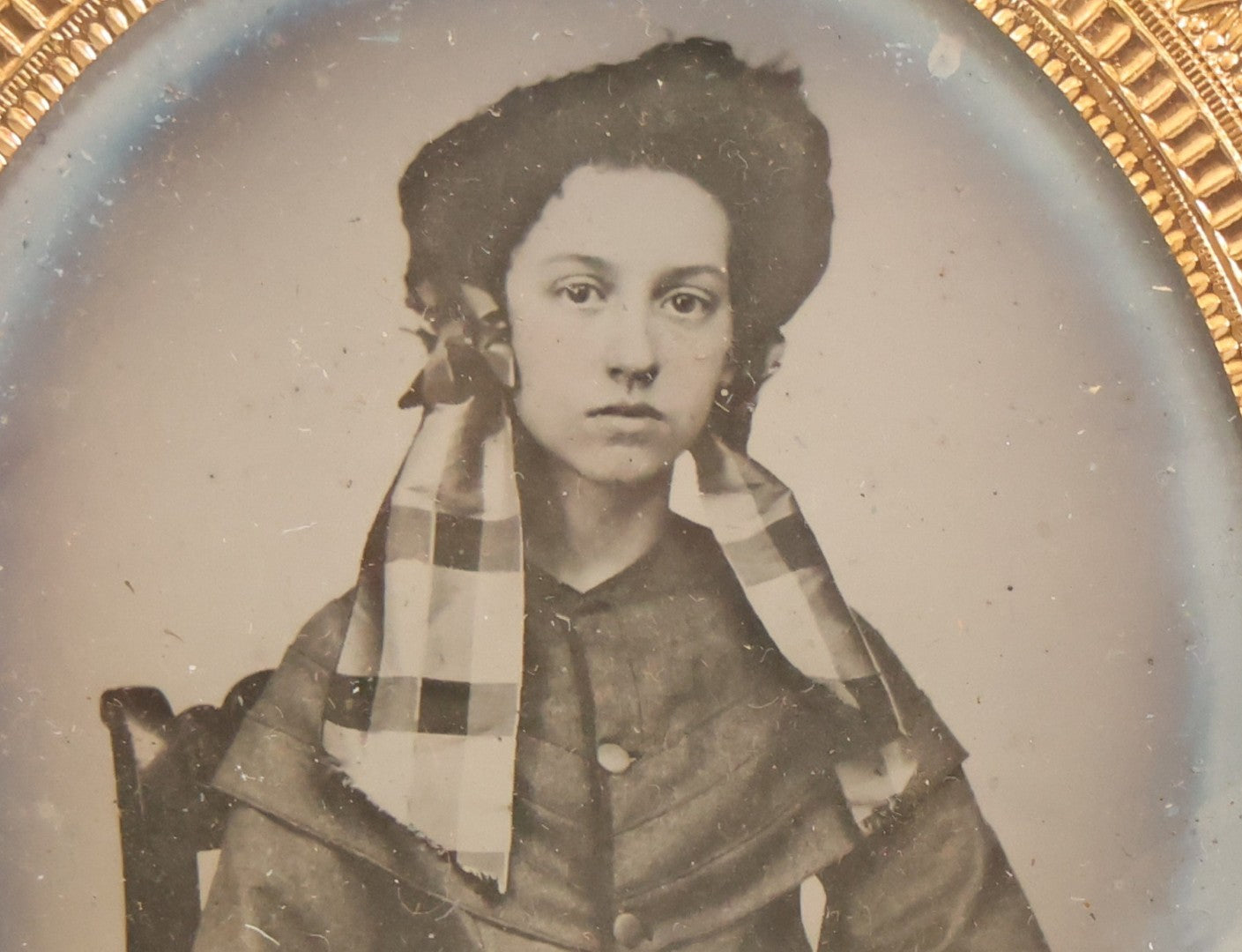 Lot 125 - Antique 1/6th Plate Ambrotype Photograph Of Young Woman Wearing Checked Scarf And Cape, In Half Leatherette Union Case