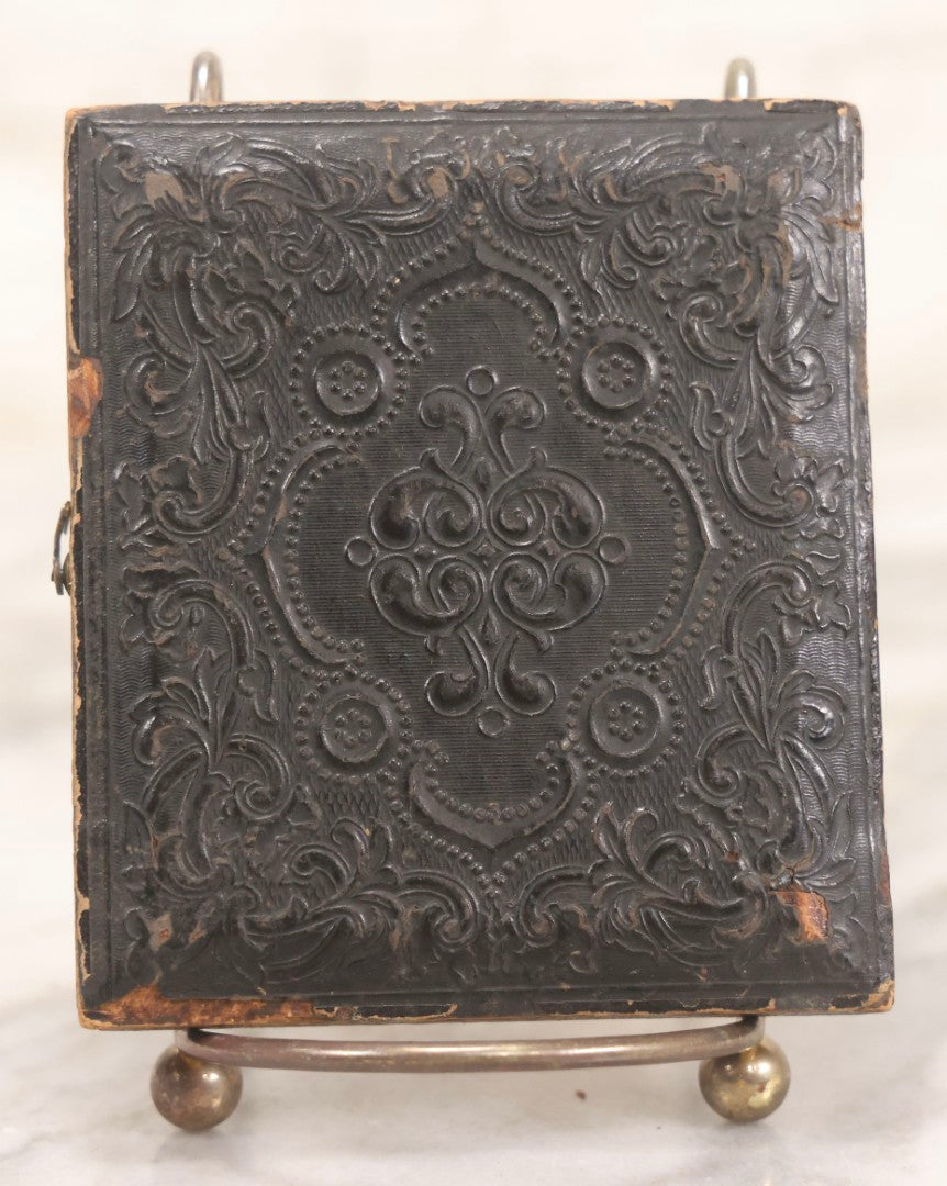 Lot 125 - Antique 1/6th Plate Ambrotype Photograph Of Young Woman Wearing Checked Scarf And Cape, In Half Leatherette Union Case