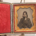Lot 126 - Antique 1/9th Plate Ambrotype Photograph Of Young Woman Wearing Bonnet And Shawl, In Full Leatherette Union Case