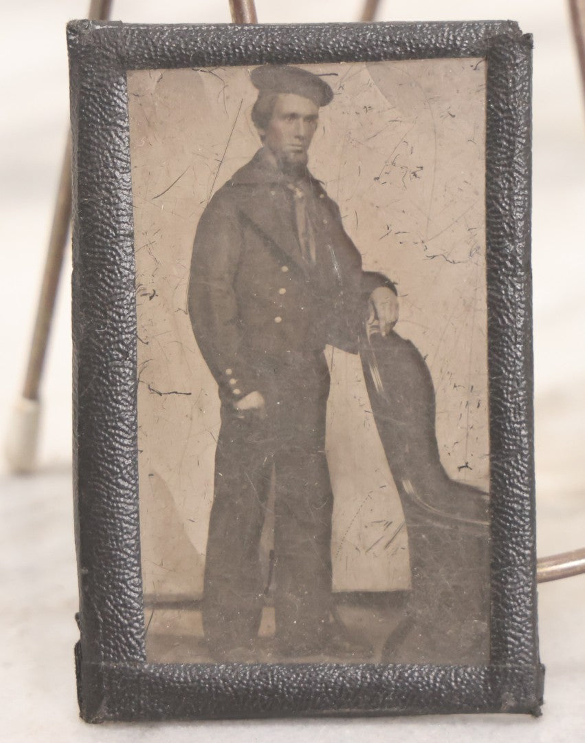 Lot 127 - Antique 1/9th Plate Ambrotype Photograph Of Sailor Standing Beside Chair, In Taped Border