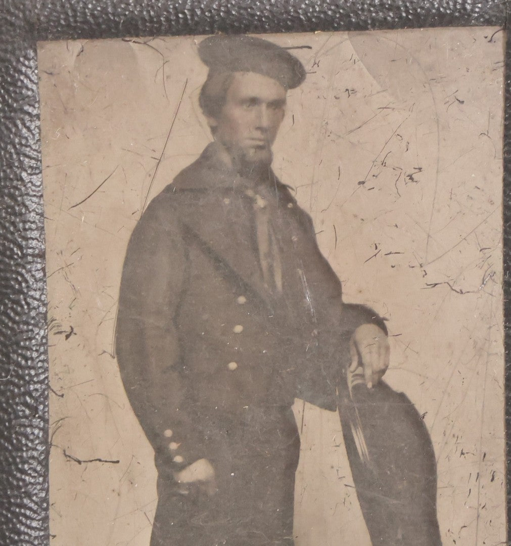 Lot 127 - Antique 1/9th Plate Ambrotype Photograph Of Sailor Standing Beside Chair, In Taped Border
