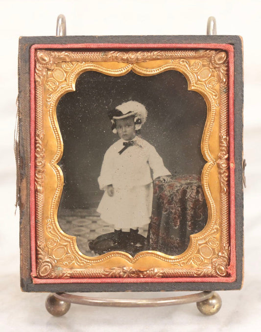 Lot 128 - Antique 1/6th Plate Ambrotype Photograph Of Young Child In White Dress And Feathered Hat, In Half Leatherette Union Case